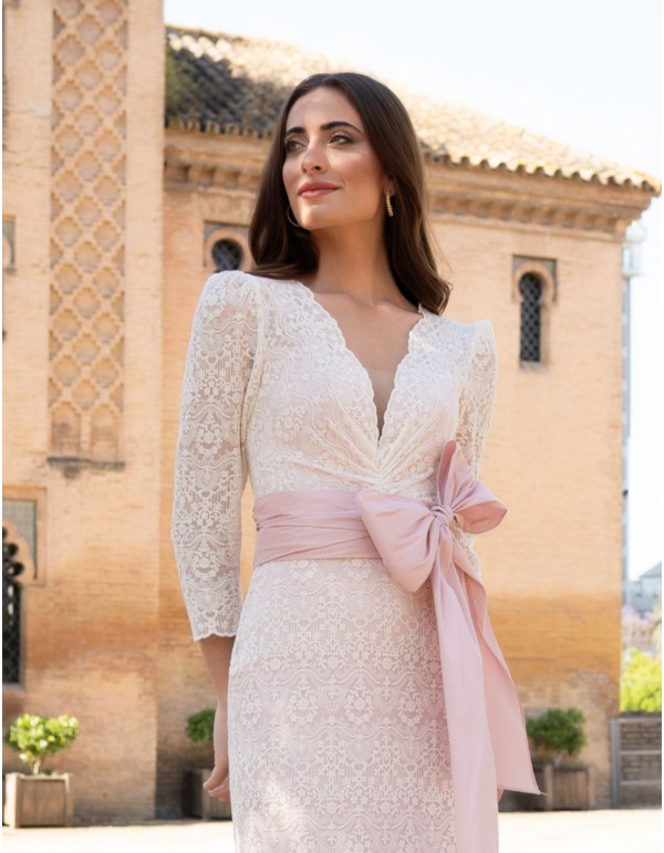 Off-white midi dress with lace and nude pink sash