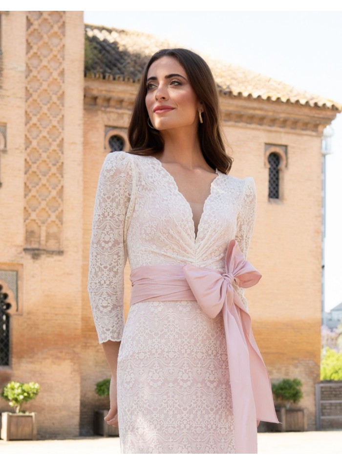 Off-white midi dress with lace and nude pink sash