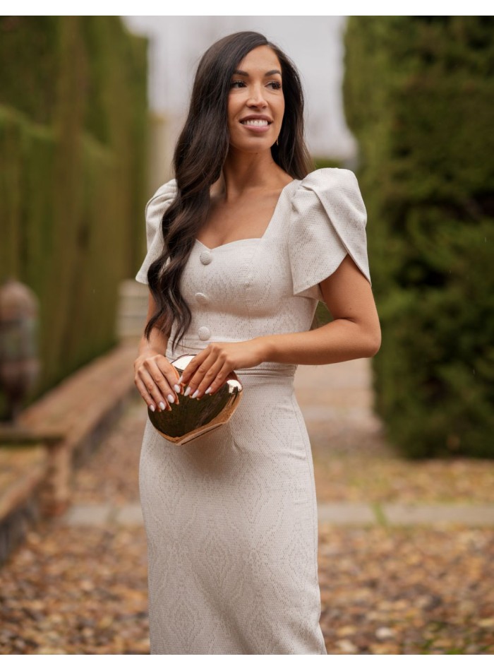 Brocade midi dress in beige with gold details