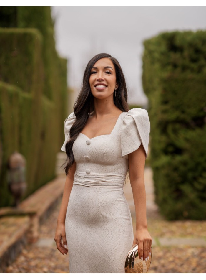 Brocade midi dress in beige with gold details