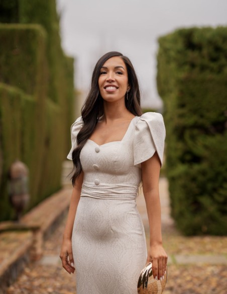 Brocade midi dress in beige with gold details