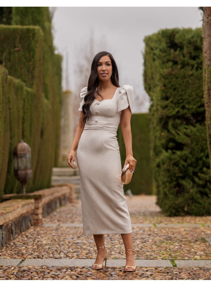 Brocade midi dress in beige with gold details