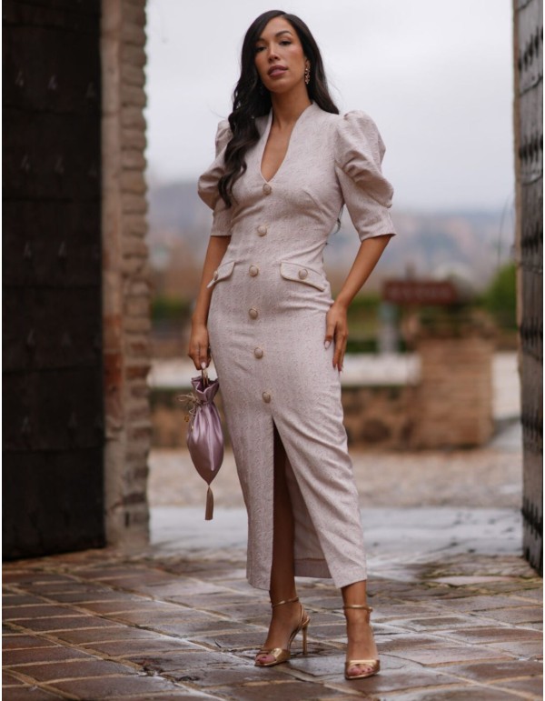 Robe midi avec boutons et manches ballon