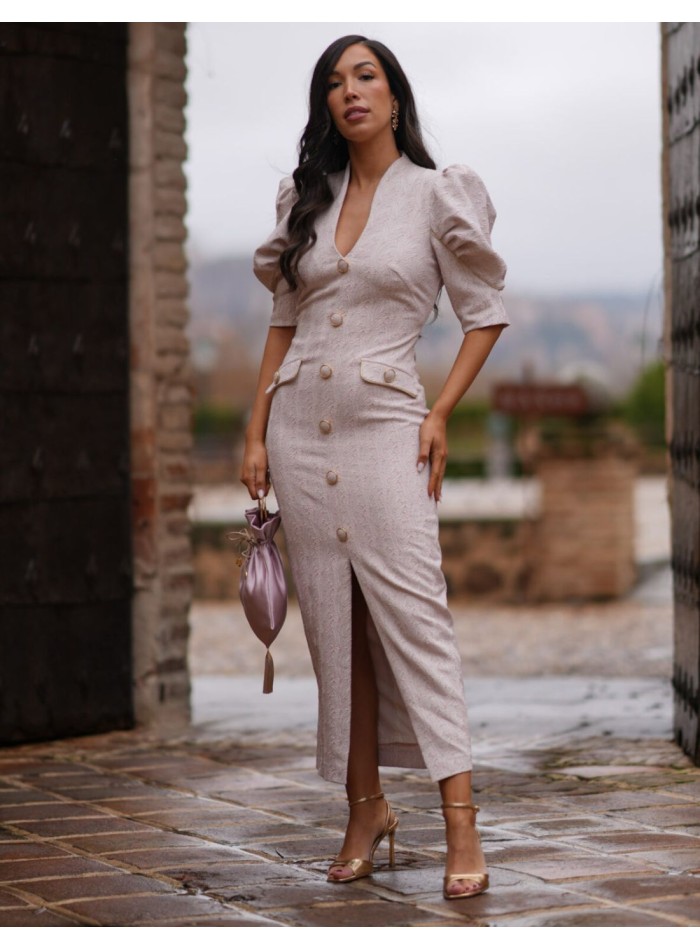 Vestido midi con botones y manga globo