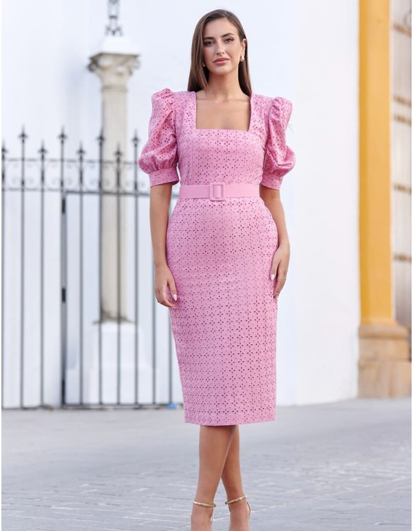 Vestido midi brocado con escote cuadrado