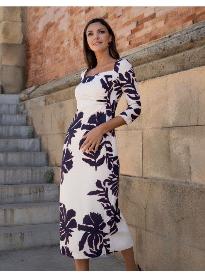 Robe midi en crêpe imprimé à encolure carrée