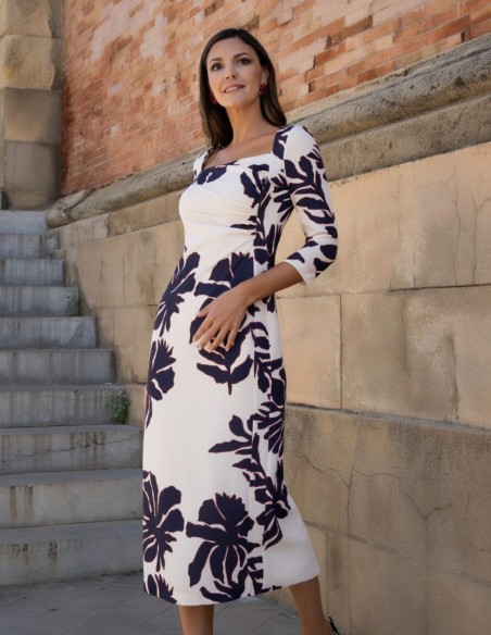 Printed crepe fabric midi dress with square neckline