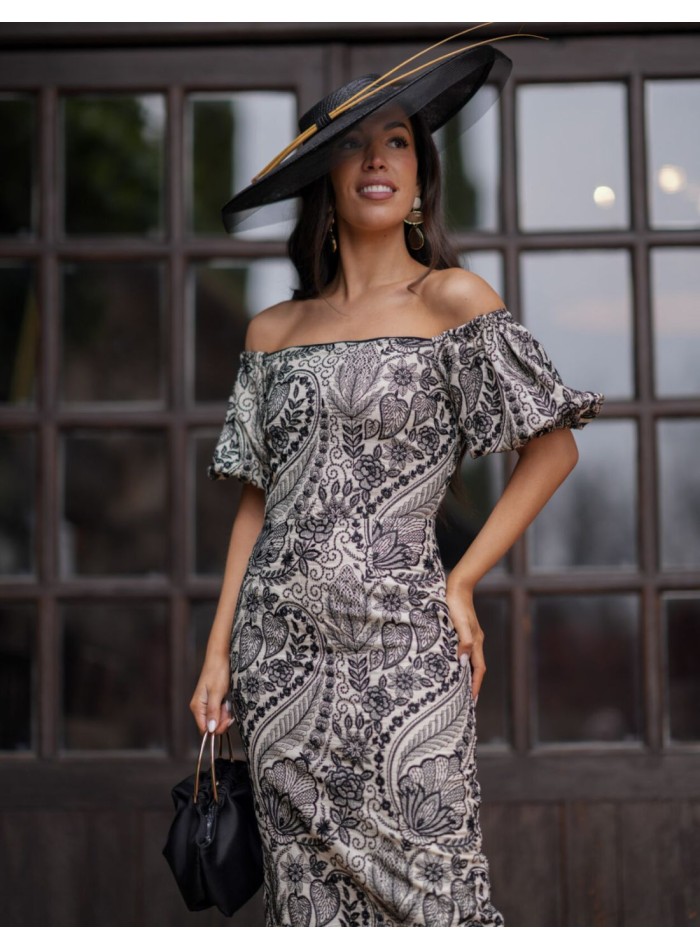 Vestido midi brocado con mangas caídas