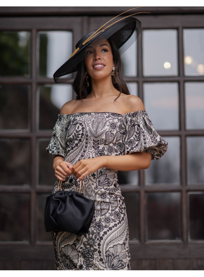 Vestido midi brocado con mangas caídas para invitada