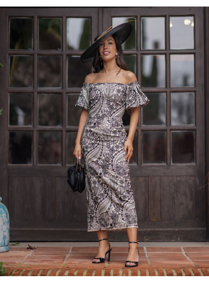 Robe midi en brocart à manches tombantes