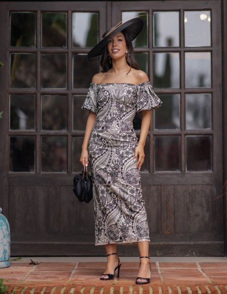 Vestido midi brocado con mangas caídas estampado