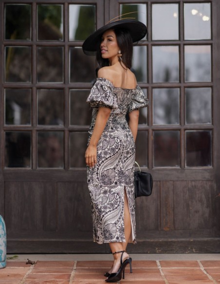 Robe midi en brocart à manches tombantes