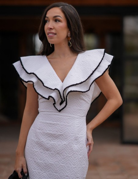 White mother's communion dress with ruffles on neckline