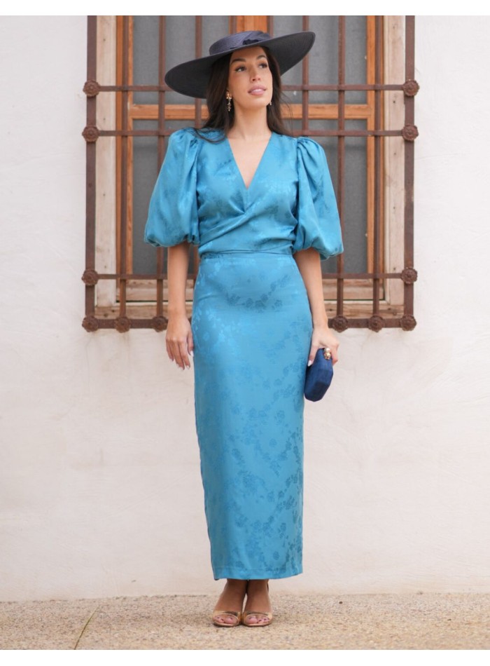 Two-piece set of blouse and skirt in turquoise...