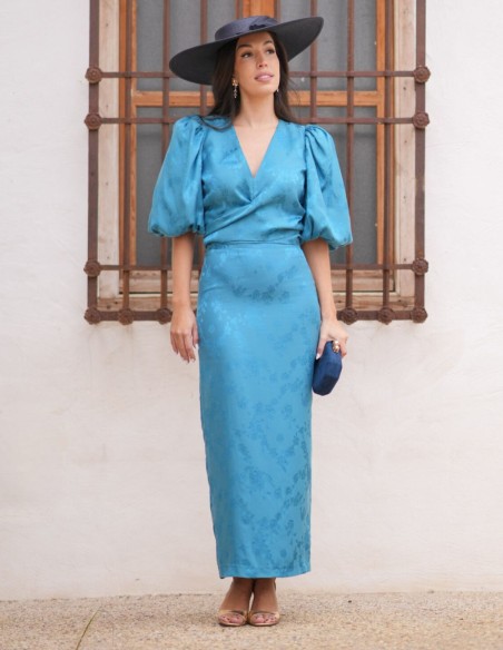 Two-piece set of blouse and skirt in turquoise chiffon fabric