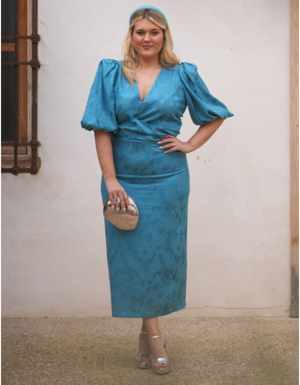 Conjunto dos piezas de blusa y falda en tejido de gasa turquesa