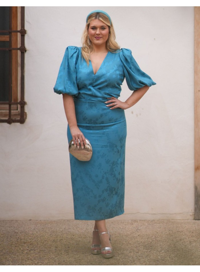 Two-piece set of blouse and skirt in turquoise...