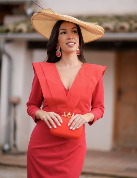 Red midi guest dress with V-neckline and drapes