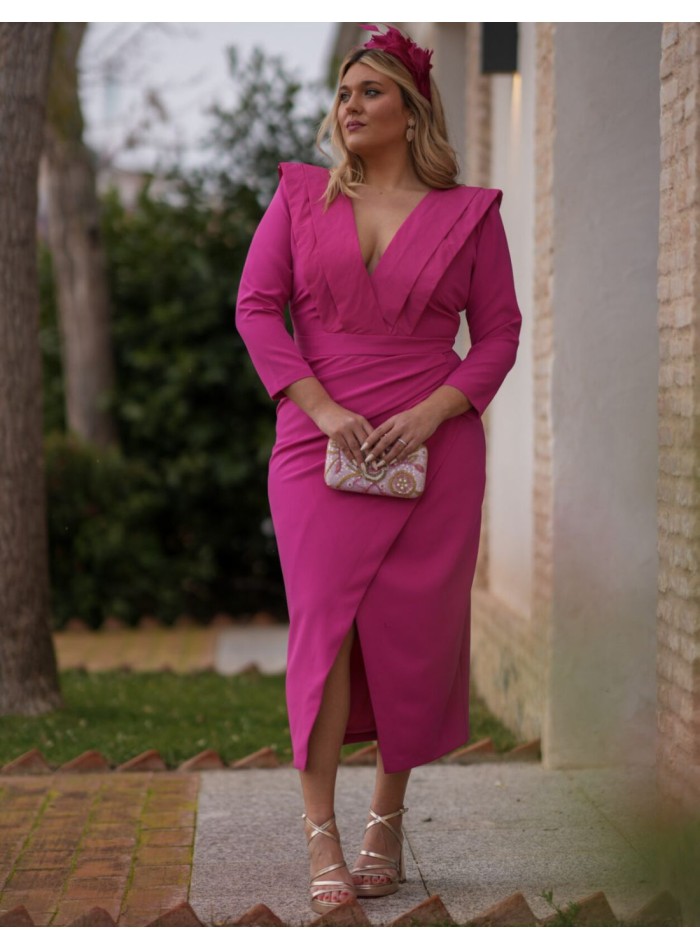 Fuchsia midi guest dress with V-neckline and...