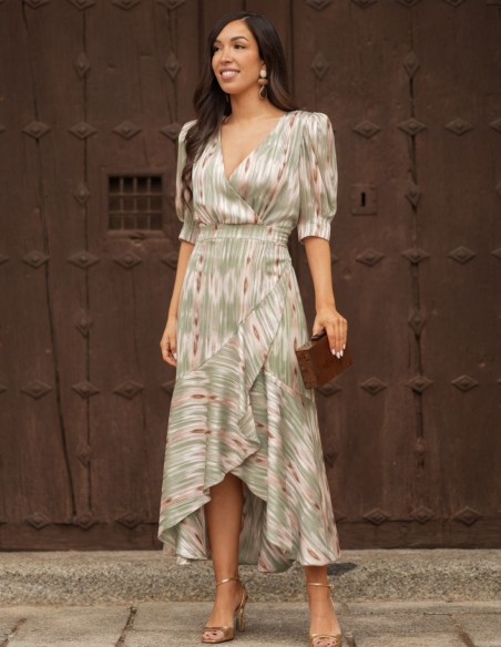 Midi dress with flowing fabric and crossover neckline