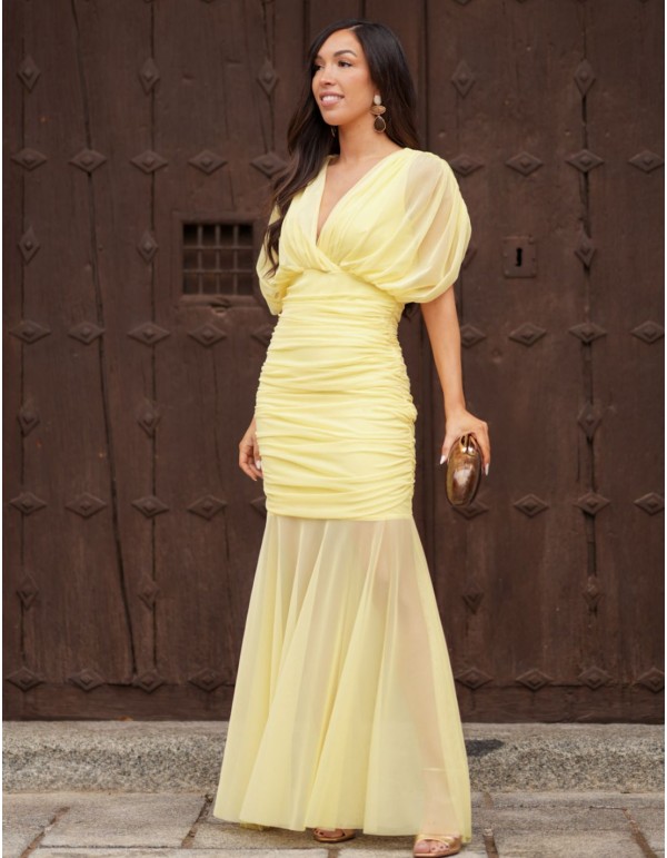 Long tulle guest dress with drop sleeves