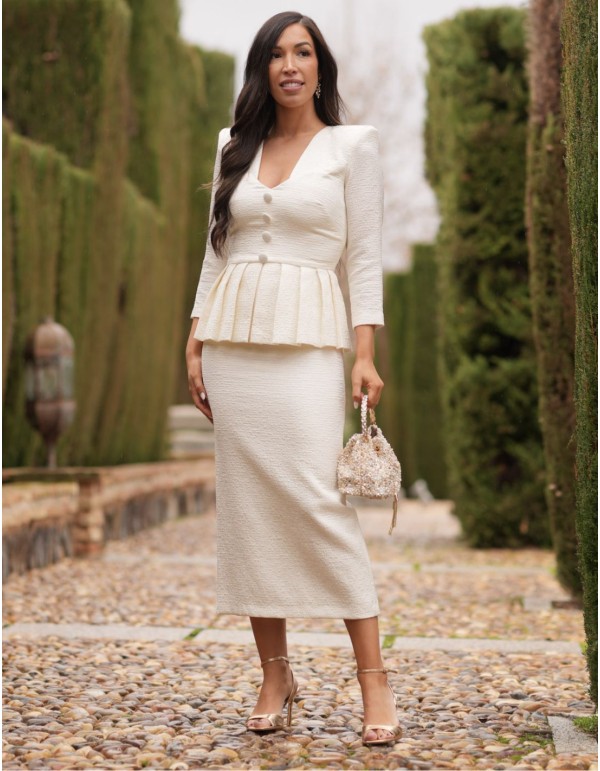 Conjunto de blusa y falda de tweed con pliegues