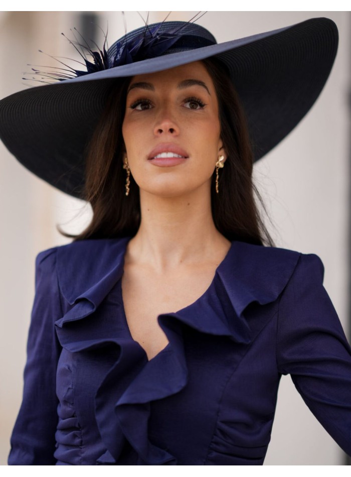 Navy blue midi guest dress with V-neckline and...