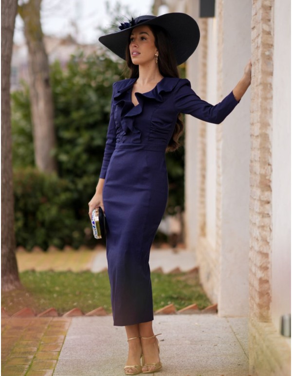 Navy blue midi guest dress with V-neckline and ruffles 2