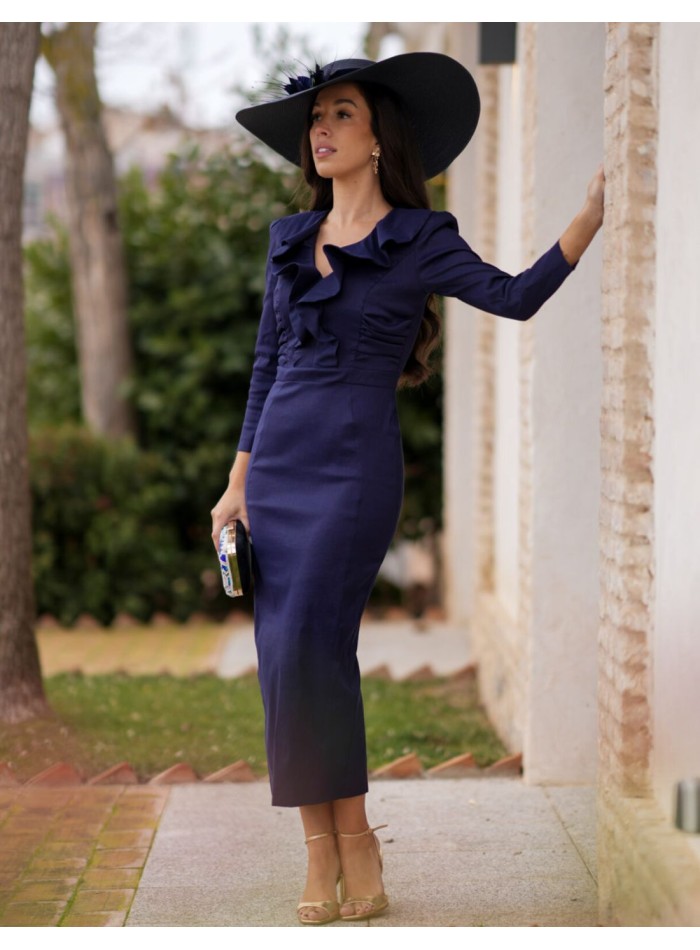 Navy blue midi guest dress with V-neckline and...