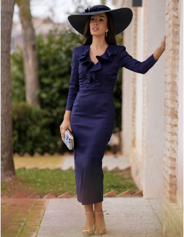Navy blue midi guest dress with V-neckline and ruffles