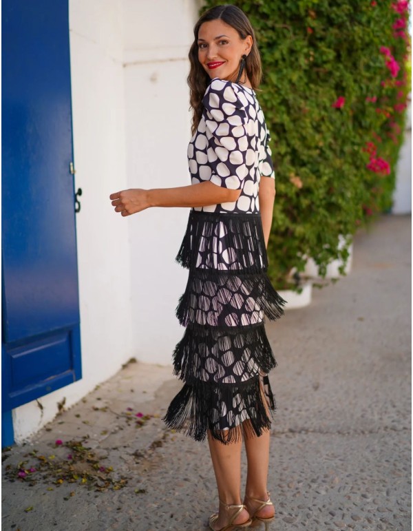 Patterned midi guest dress with fringed ruffles details 2