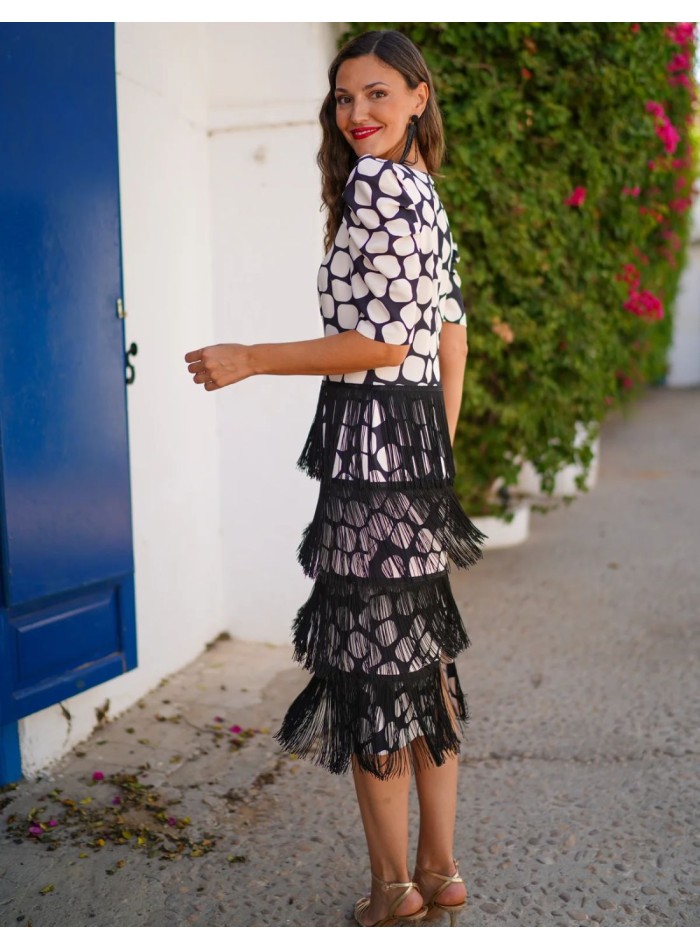 Patterned midi guest dress with fringed ruffles...