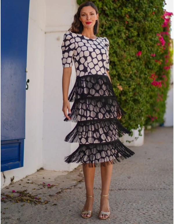 Patterned midi guest dress with fringed ruffles details