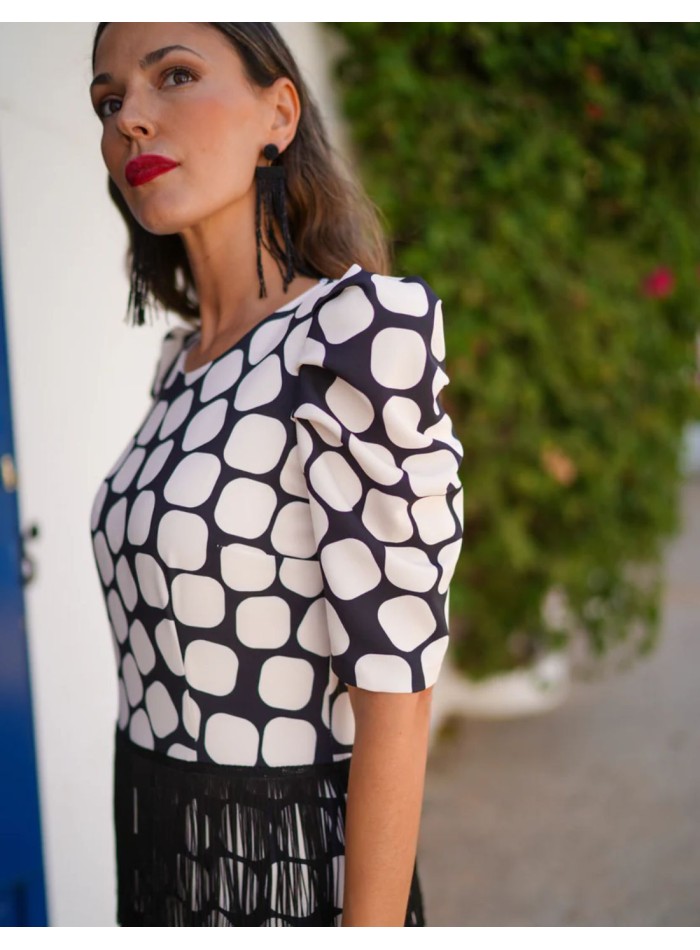 Patterned midi guest dress with fringed ruffles...