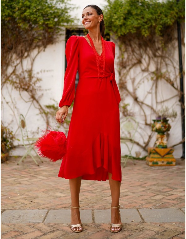 Robe midi rouge avec motif fluide et laçage latéral 2