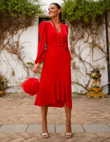 Robe midi rouge avec motif fluide et laçage latéral