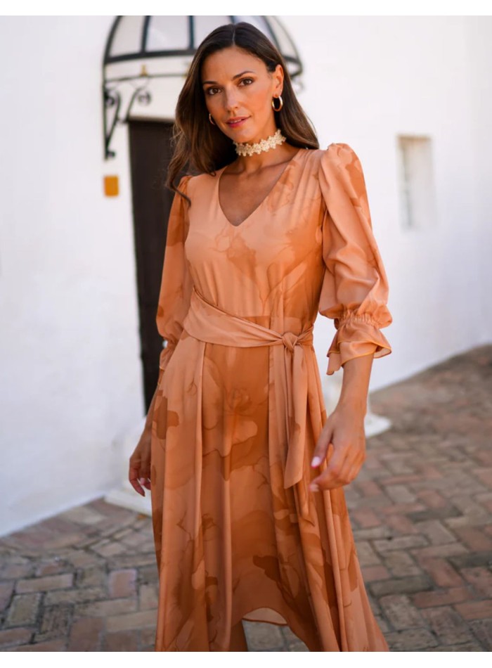 Fluid orange printed midi guest dress with side...