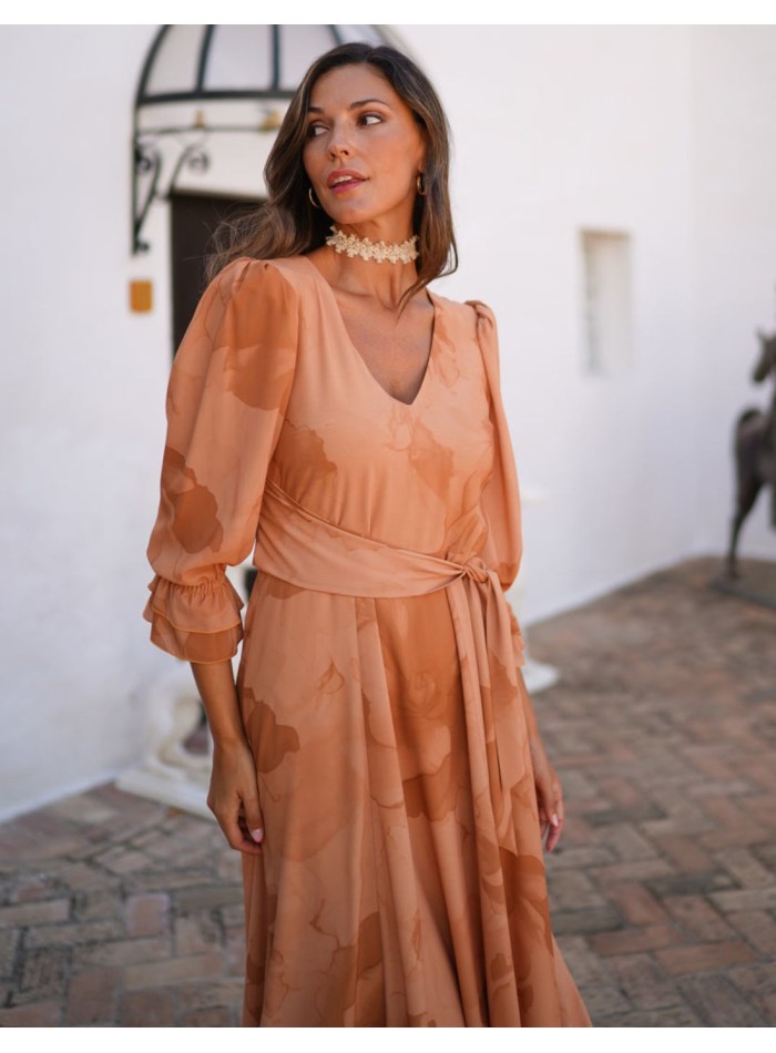 Fluid orange printed midi guest dress with side...