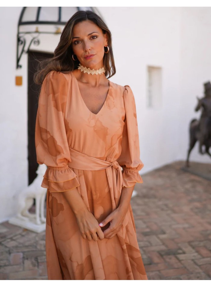 Robe d'invité midi imprimée orange fluide avec...