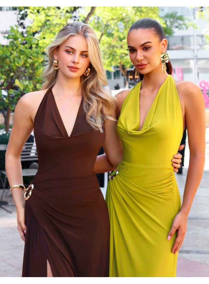 Long Brown Halter Dress with Slit for Weddings