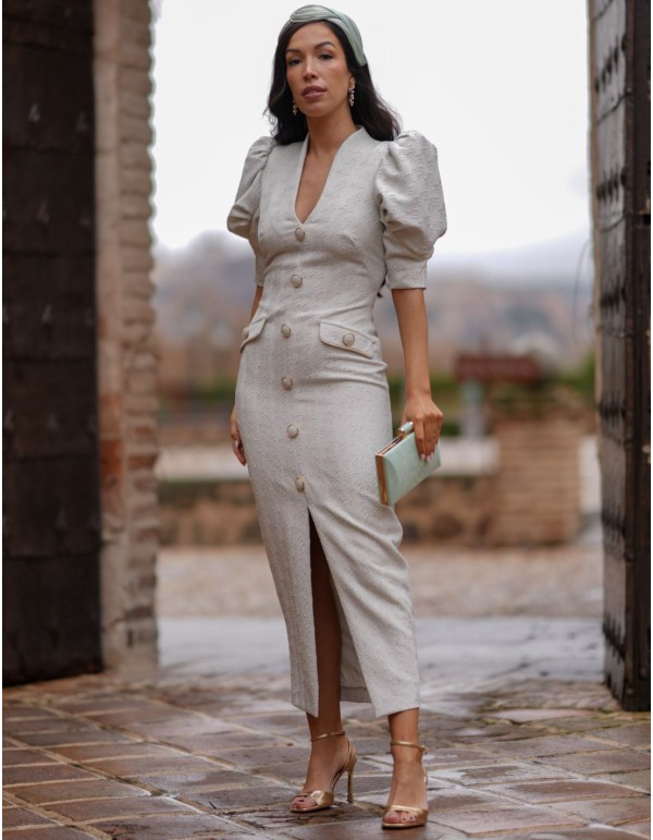 Jacquard midi guest dress with balloon sleeve and...