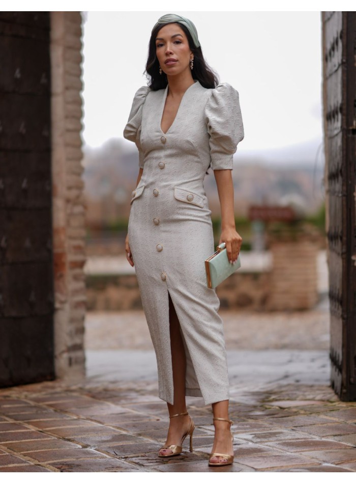 Robe d'invité midi en jacquard avec manches ballon