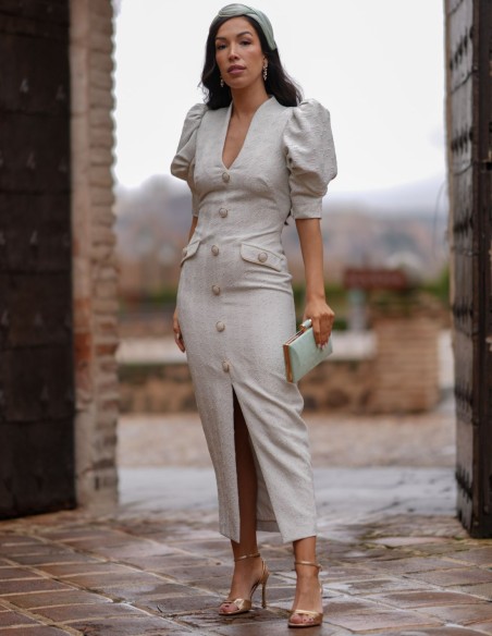 Robe d'invité midi en jacquard avec manches ballon