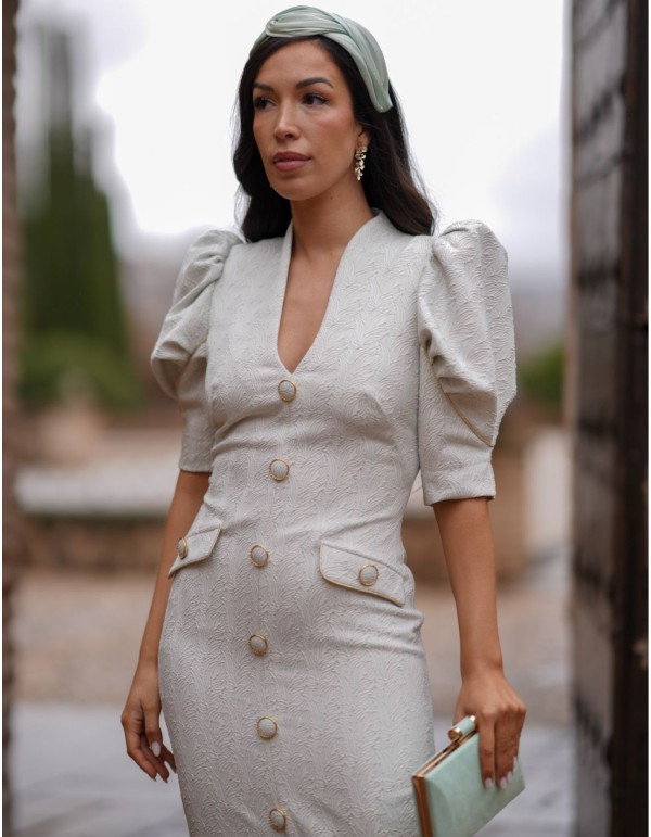 Robe d'invité midi en jacquard avec manches ballon 2