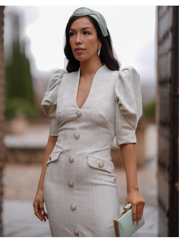 Jacquard midi guest dress with balloon sleeve...