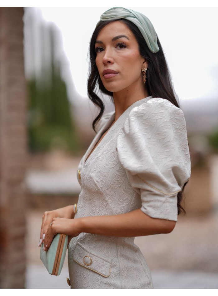 Robe d'invité midi en jacquard avec manches ballon