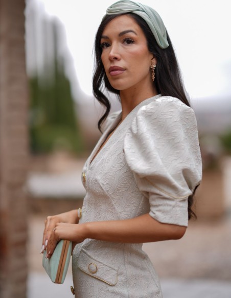 Jacquard midi guest dress with balloon sleeve and jacquard fabric