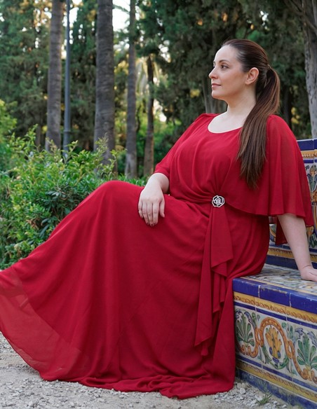 Long Red Guest Dress with Cape and Elegant Brooch