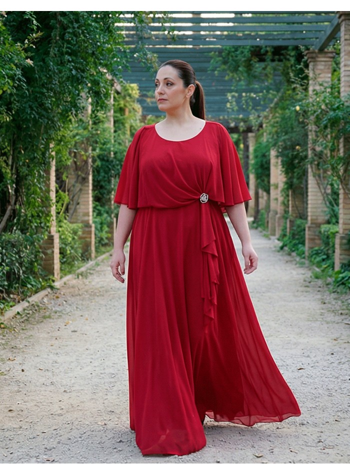 Long Red Guest Dress with Cape and Elegant Brooch