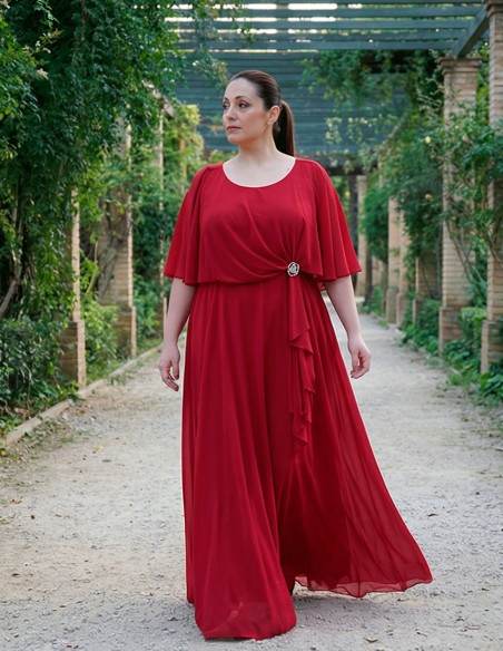 Long Red Guest Dress with Cape and Elegant Brooch